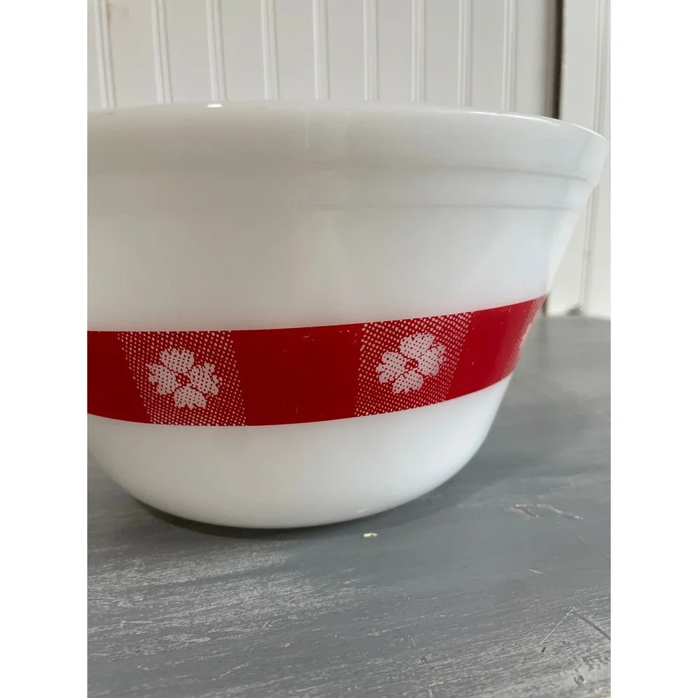 Federal Glass Red Floral Band Milk‎ Glass Mixing Bowl Vintage Heat Proof USA MCM